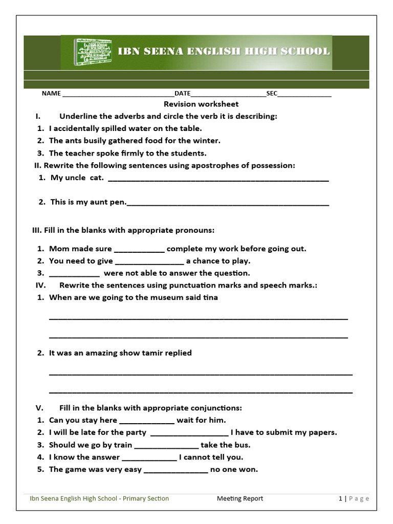 English Revision Worksheet | PDF | English Language | Noun