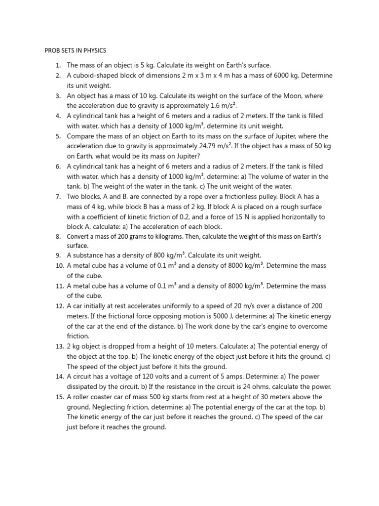 Physics Problem Sets on Mass and Weight | PDF | Force | Mass