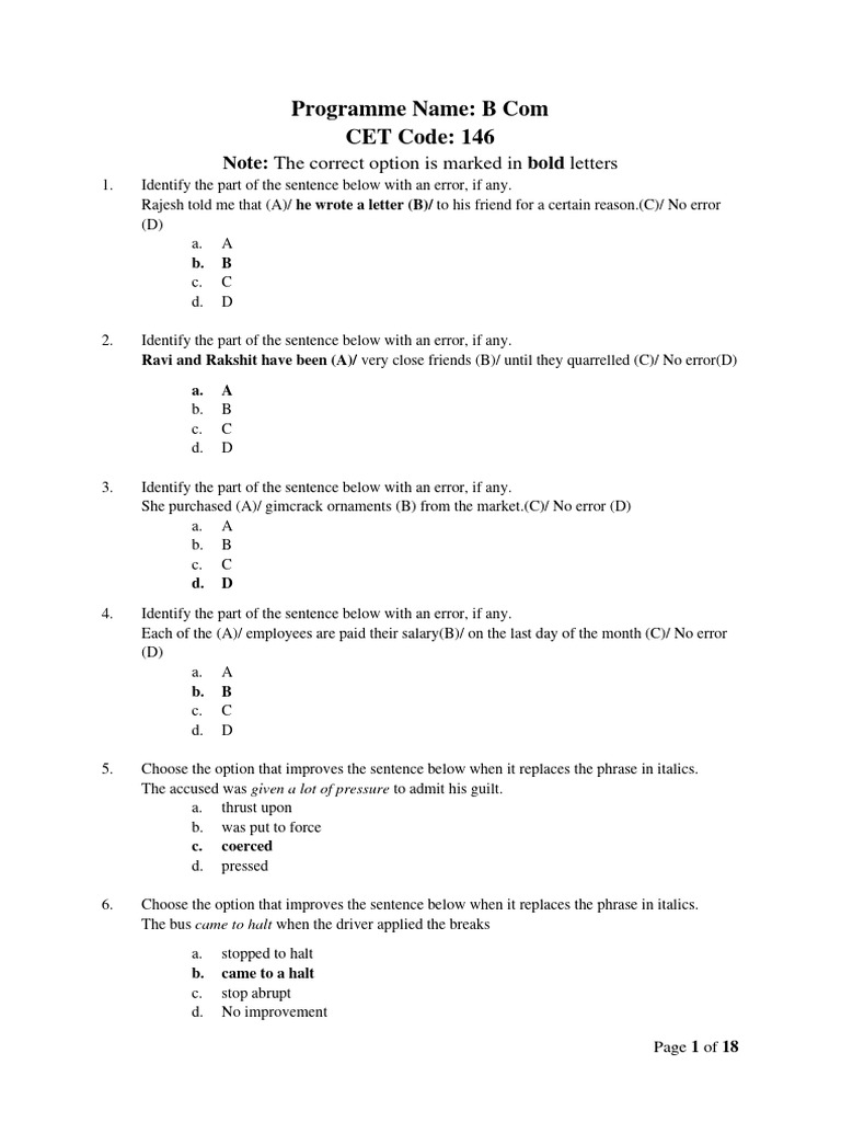 Programme name b com cet code 146 page 1 of 18 download free pdf