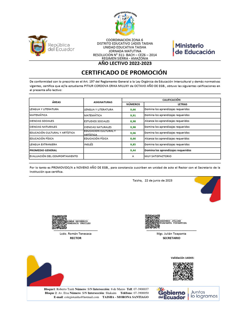Certificado de Promoción EGB 2022-2023 | PDF
