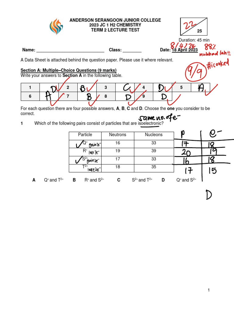 JC 1 H2 Chemistry Term 2 Test 2023 | PDF | Chemical Elements | Atomic ...