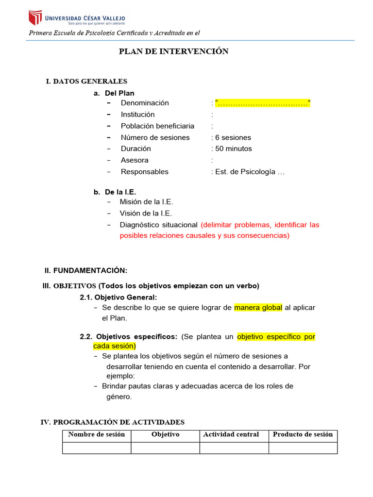 Plan de Intervención en Psicología Escolar | PDF | Sicología | Ciencias ...