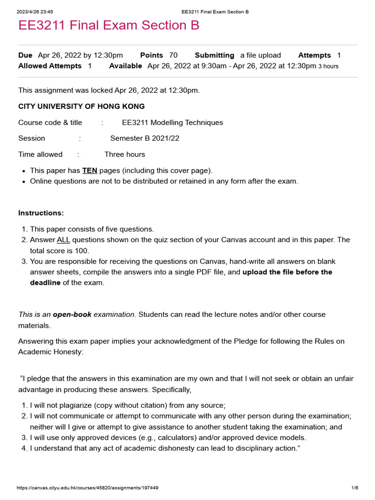 EE3211 Final Exam Section B Instructions | PDF | Multiple Comparisons ...
