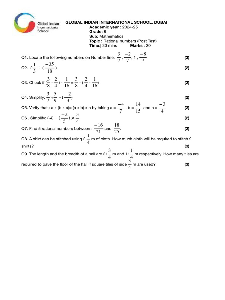 Grade 8 Math Rational Numbers Test | PDF