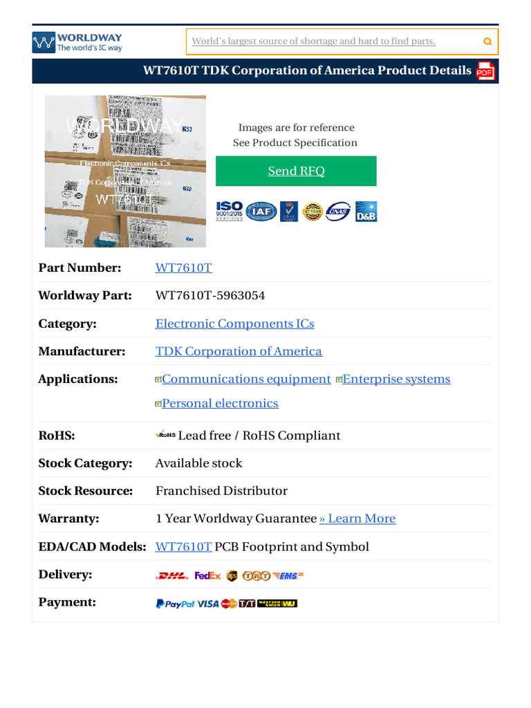 WT7610T TDK Corporation of America Product Details: Part Number ...