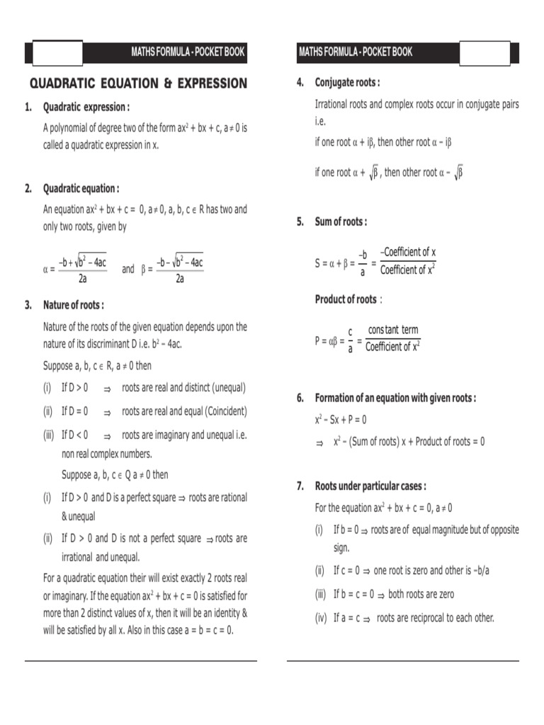 Quadratic Equation & Expression: Maths Formula - Pocket Book Maths ...