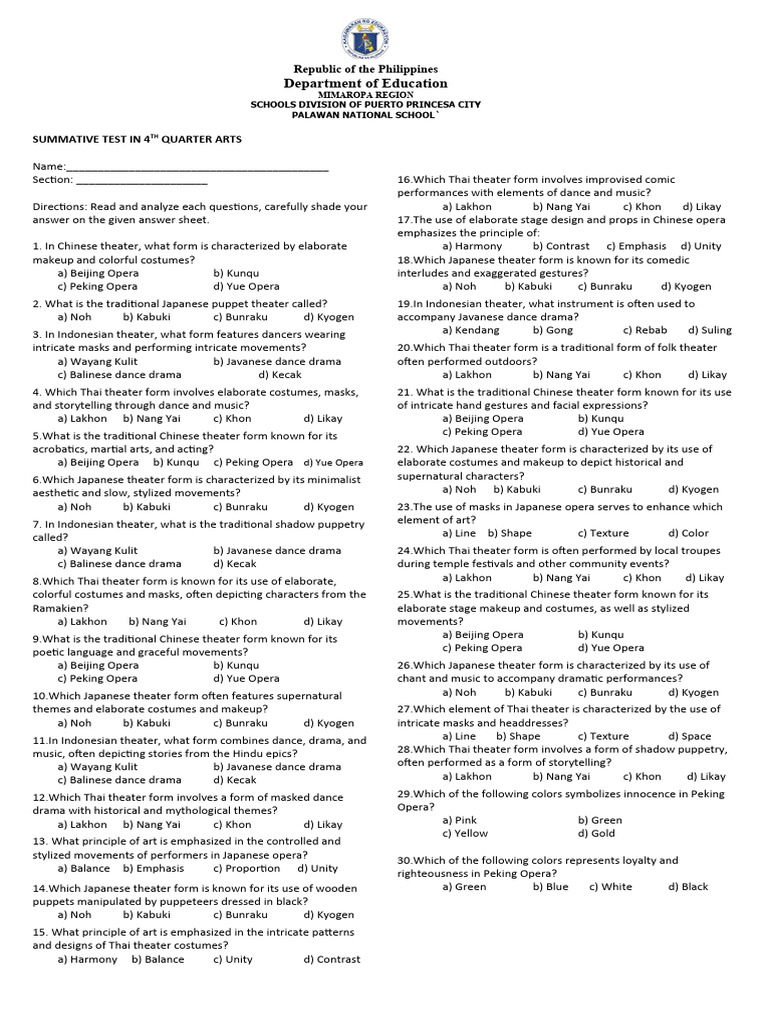 4th Quarter Arts Summative Test | PDF | Theatre | Dances