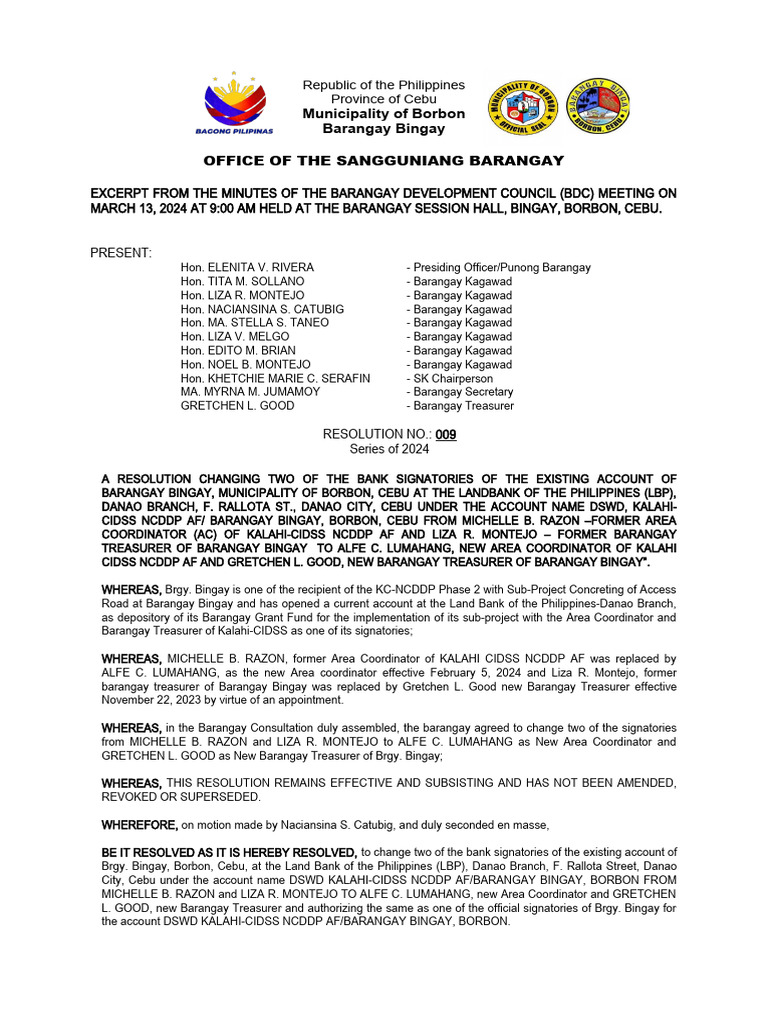 Resolution on Bank Signatory Change | PDF | Government | Civil Law ...
