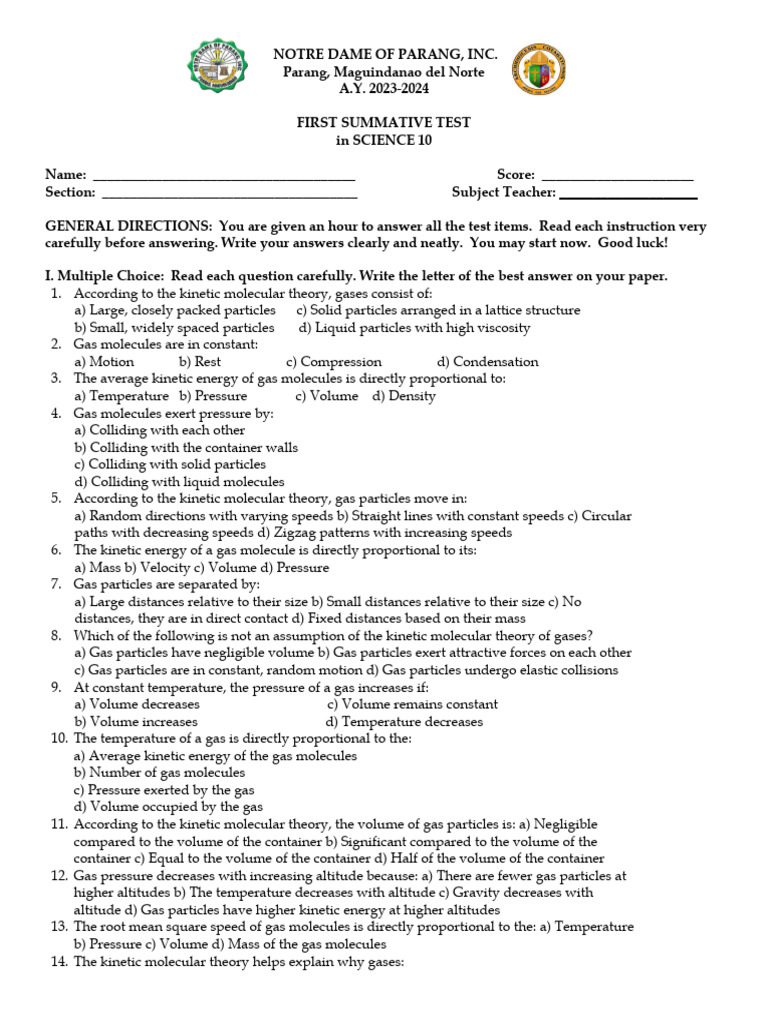 Science 10 Q4 Gas Laws Test | PDF | Gases | Applied And ...