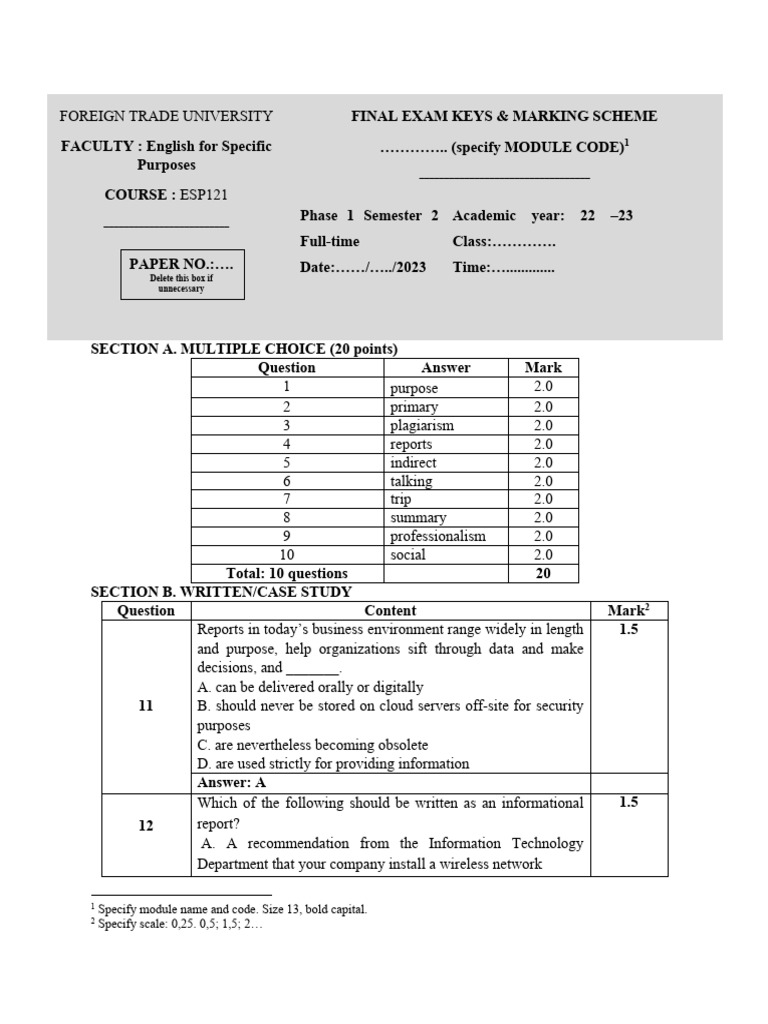 ESP121 Final Exam Keys & Marking Scheme | PDF | Information | Communication
