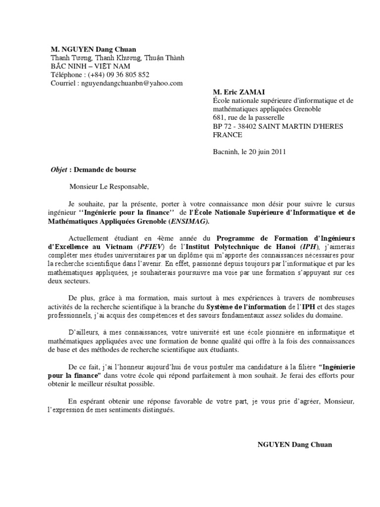 Lettre de Motivation Pour Une Bourse  PDF