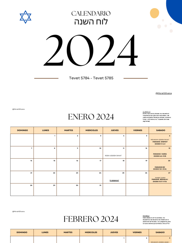 Calendario 2024 MorahSilvana Descargar gratis PDF Nombres hebreos