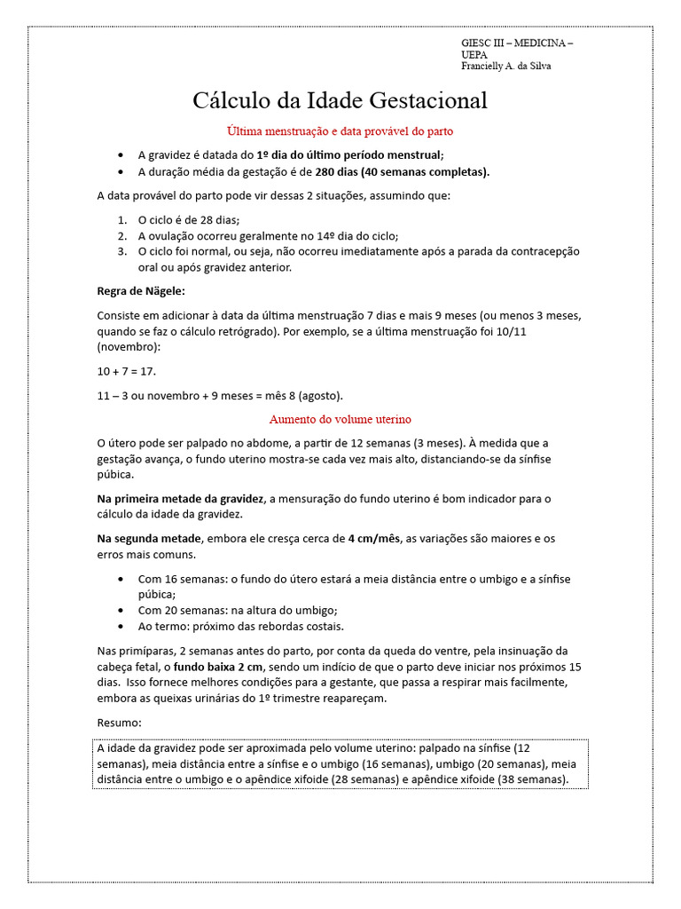 Cálculo da Idade Gestacional e Ausculta Fetal | PDF | Gravidez | Parto