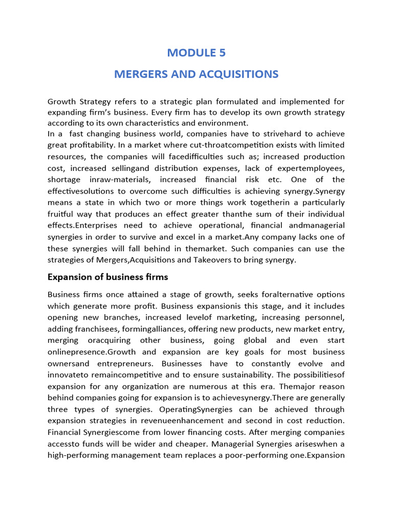 Mergers Acquisitions Notes | PDF | Mergers And Acquisitions | Takeover