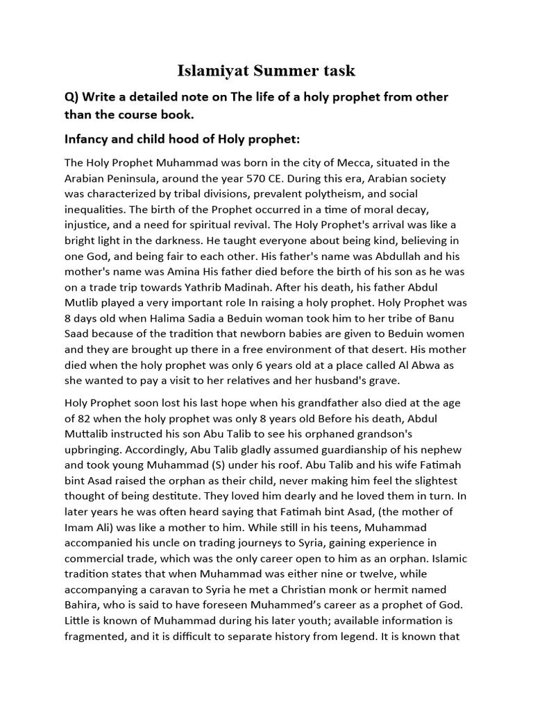 Islamiyat Summer Task 1 | PDF | Muhammad | Prophets And Messengers In Islam