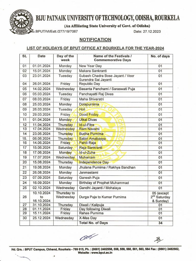 List of Holidays for BPUT Office and Vacational Staff for the Year