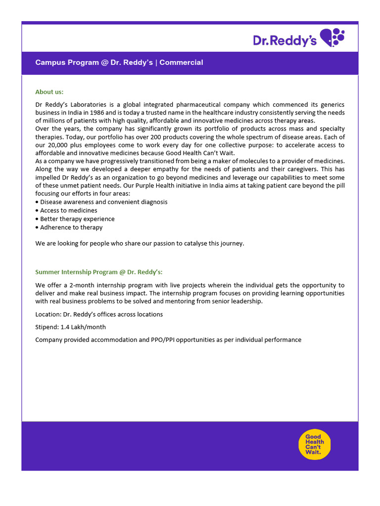 Dr. Reddy's Campus Internship & Leadership Program | PDF | Health Care ...