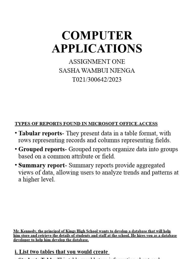 Computer Application Assignment 1 (1) SASHA NJENGA | PDF | Databases ...