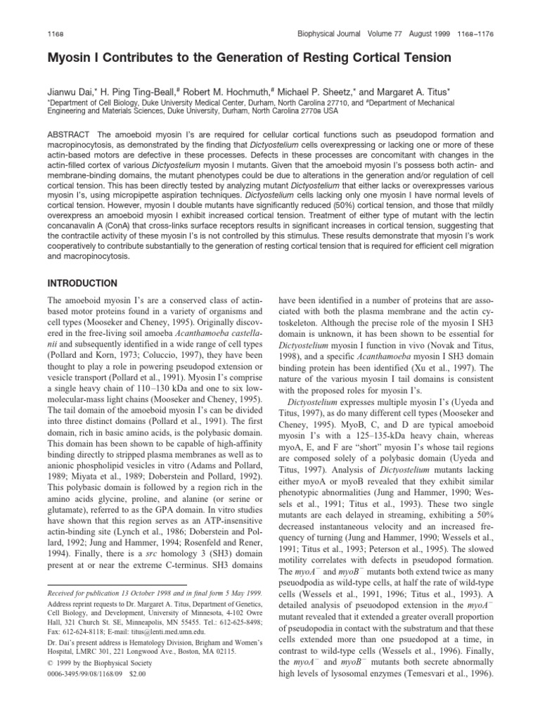 Myosin I and Cortical Tension in Cells | PDF | Actin | Plasmid