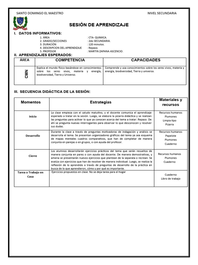 Sesión De Aprendizaje En Química 2 Secundaria Pdf Maestros