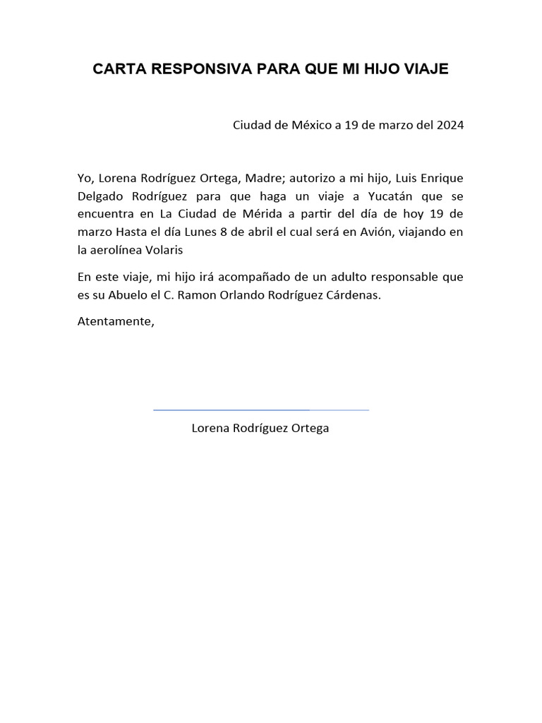 Carta responsiva para viaje de menor | PDF