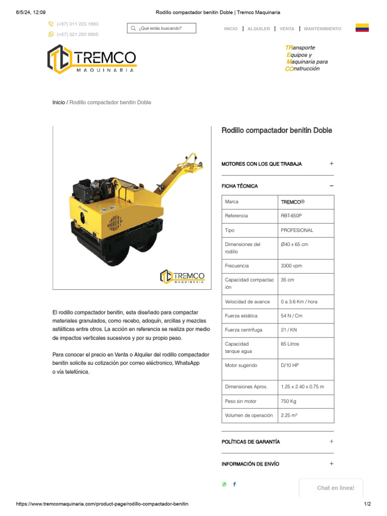Rodillo Compactador Benitin Doble - Tremco Maquinaria | PDF