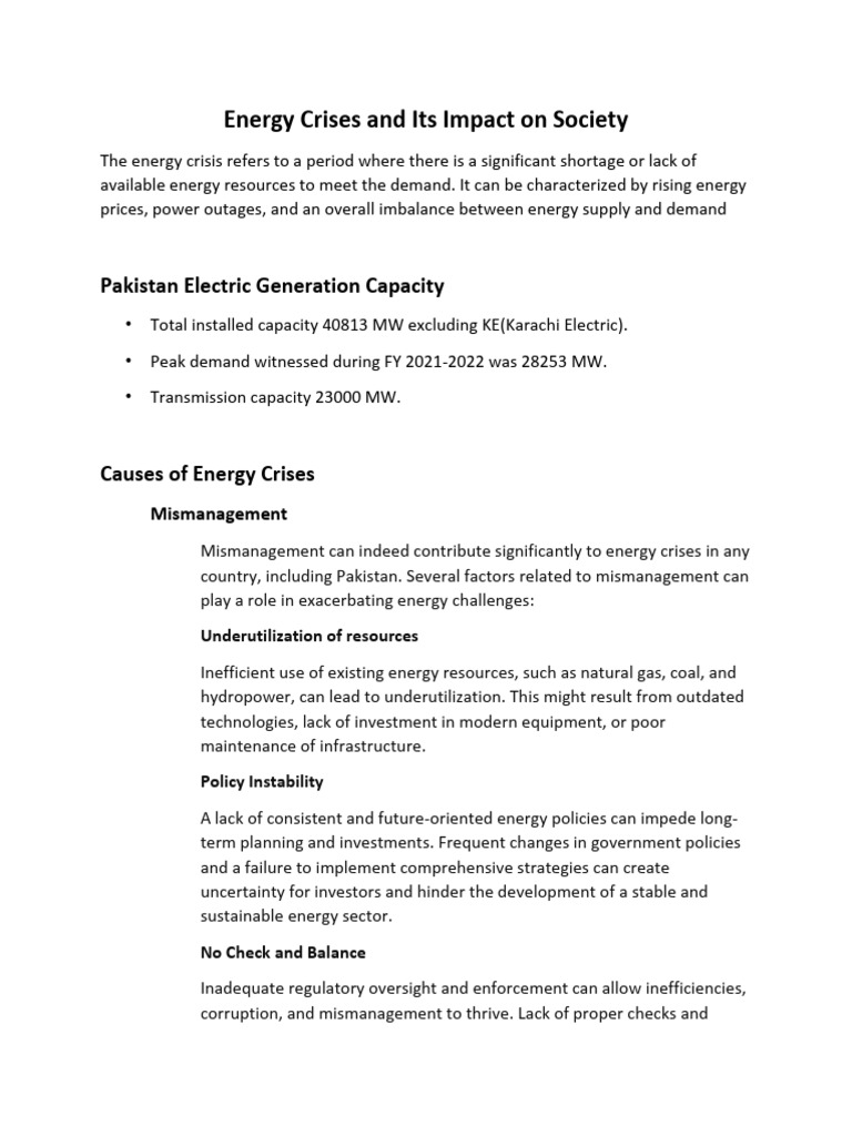 Energy crises and its impact on society summary by pershant kumar