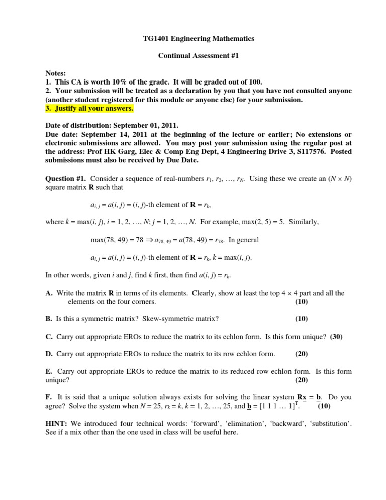 Engineering Mathematics Assessment 1 | PDF