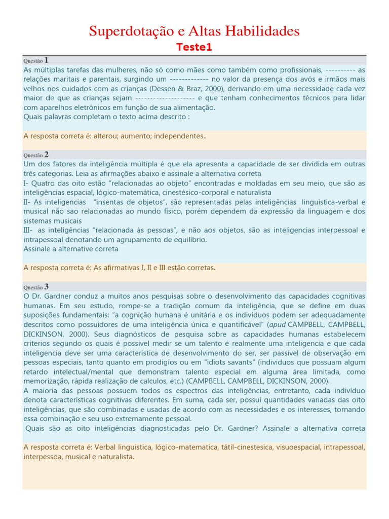Superdotação e Altas Habilidades: Teste 1 | PDF | Superdotados ...