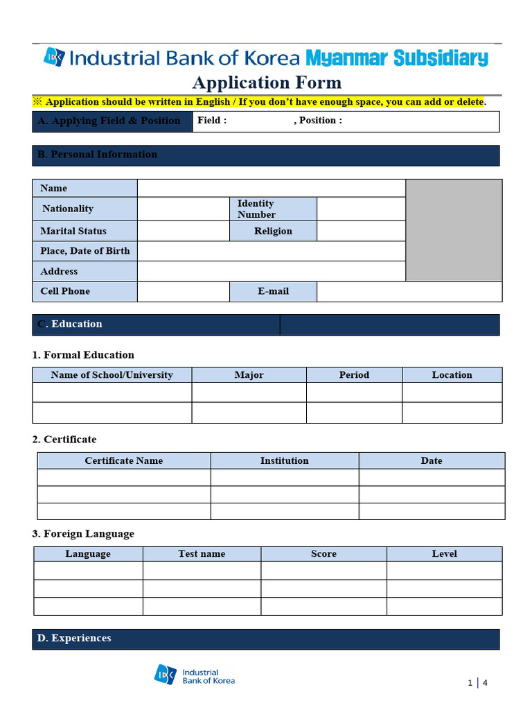 IBK Bank Myanmar Application Form | PDF | Career & Growth