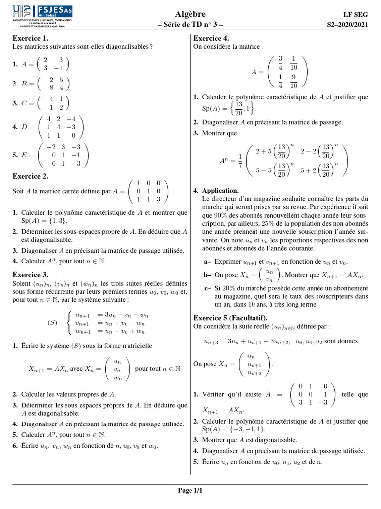 Diagonalisation et matrices en algèbre | PDF | Matrice (Mathématiques ...