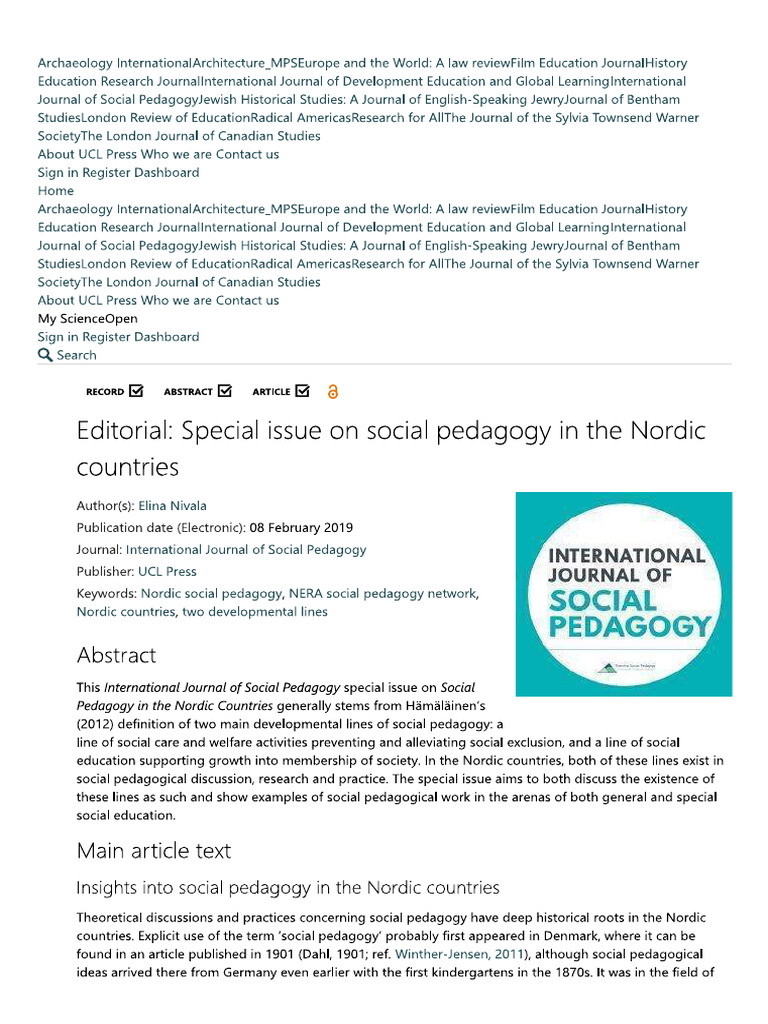 Editorial - Special Issue On Social Pedagogy in The Nordic Countries | PDF