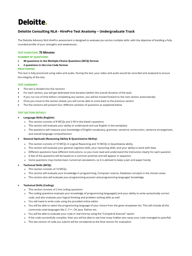 Deloitte NLA HirePro Test Overview | PDF | Computer Programming ...