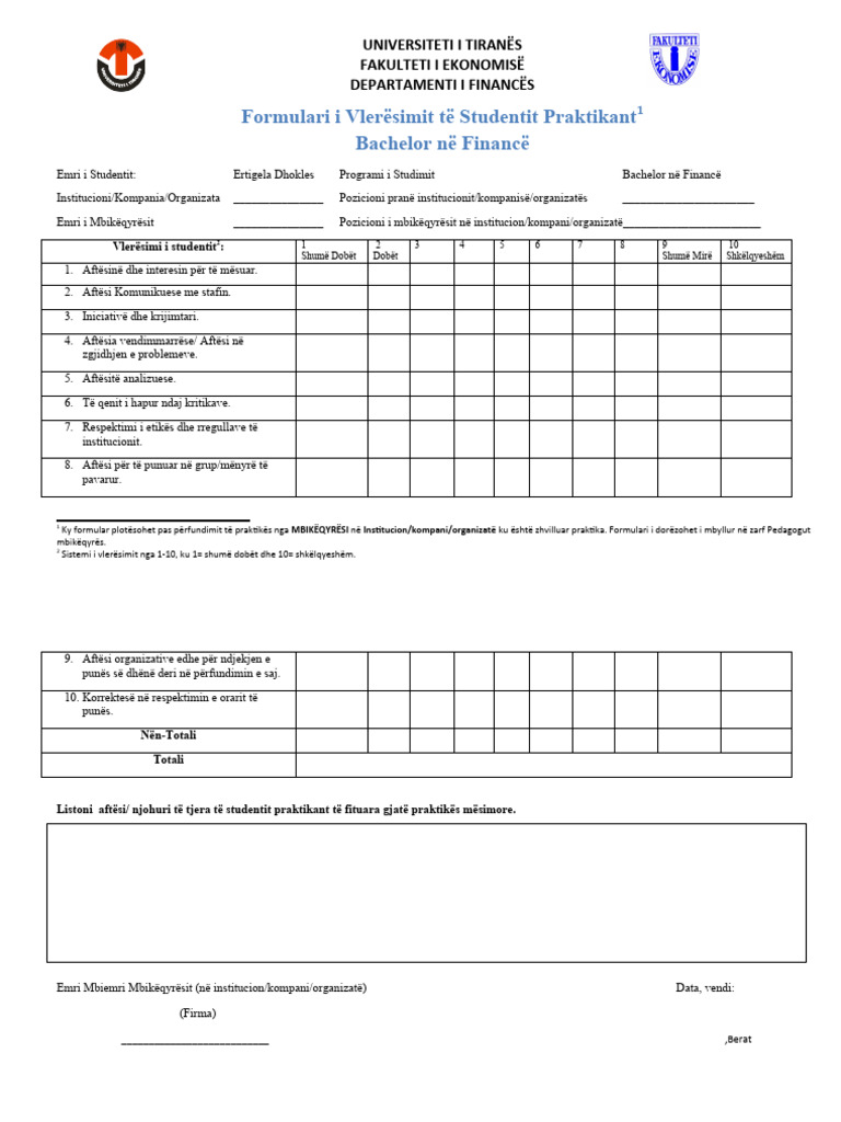Formulari Vleresimi Studentit Praktika Mesimore Bachelor | PDF
