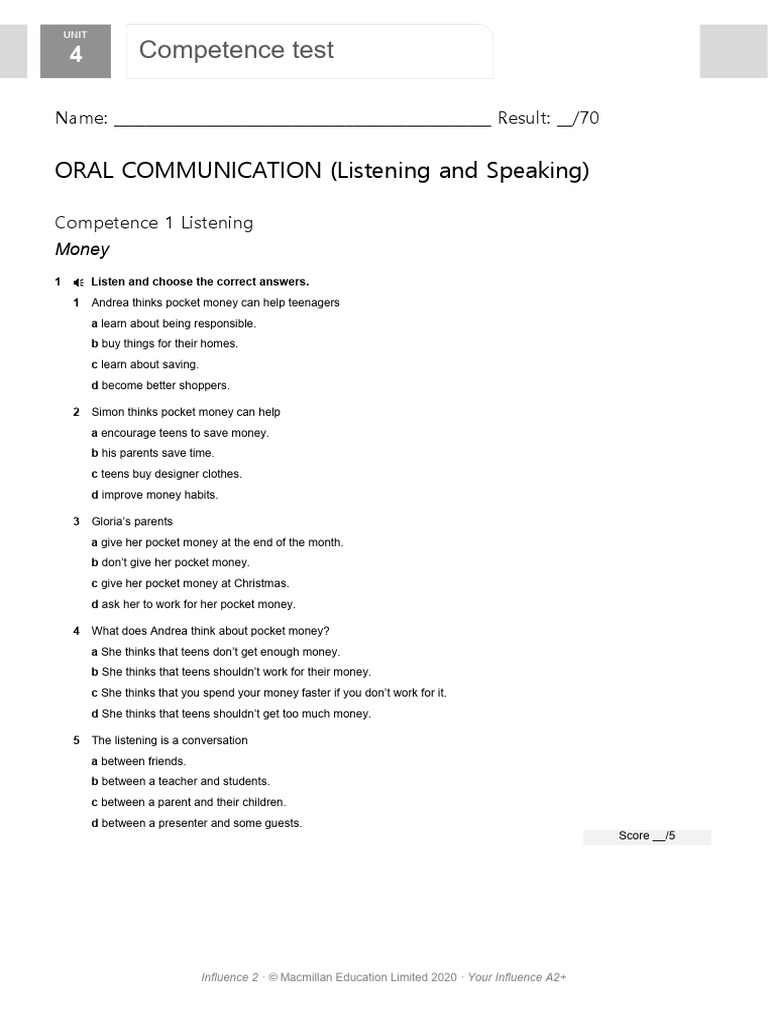 A2+ Oral Communication Competence Test | PDF | Adolescence | Fluency