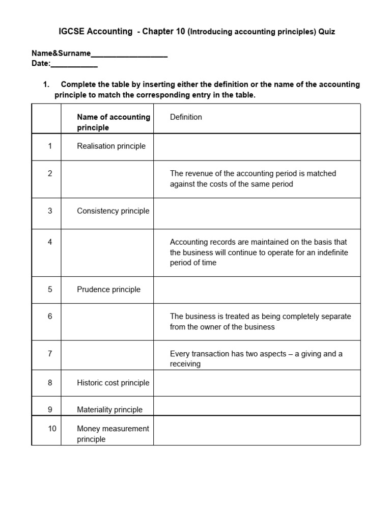 Igcse accounting chapter 10 introducing accounting principles quiz