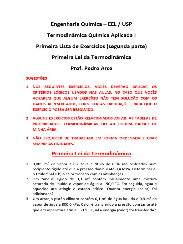 1ra Lista de Exercícios - (B) Primeira Lei | PDF | Calor | Termodinâmica
