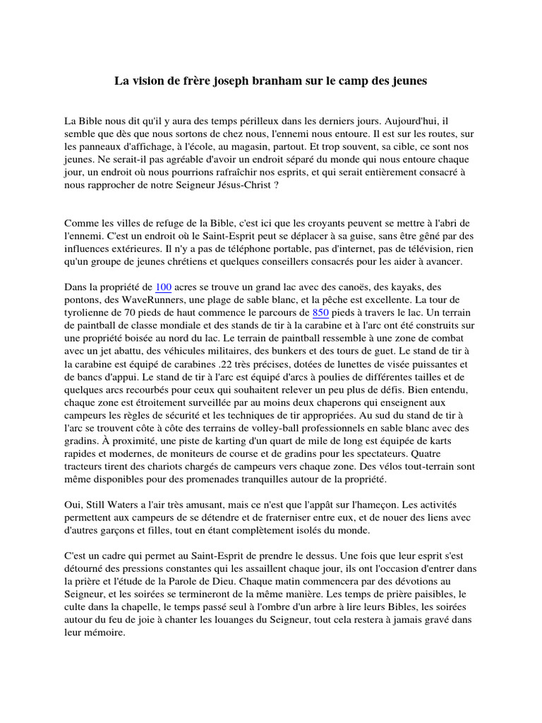 Vision de Frère Joseph Branham sur les jeunes | PDF