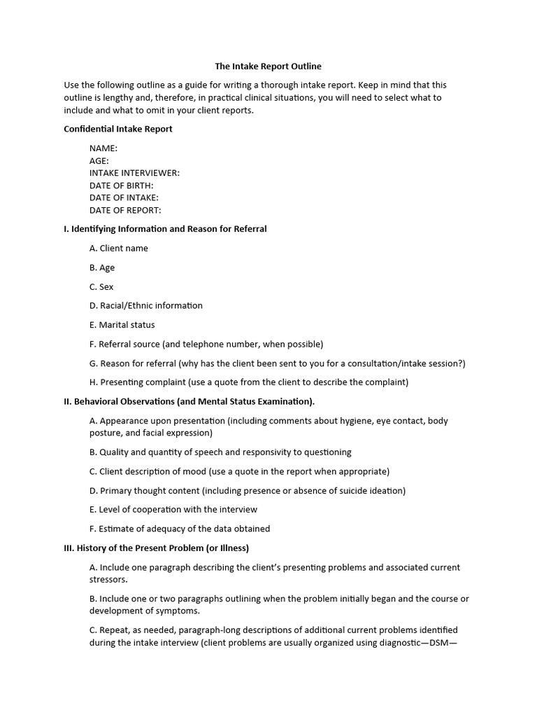 Comprehensive Intake Report Guide | PDF | Psychiatry | Mania