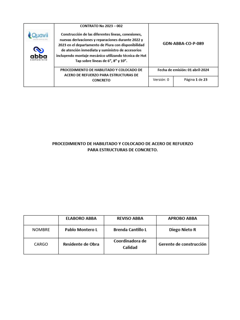 Procedimiento de Acero para Construcción Piura | PDF | Acero | Hormigón