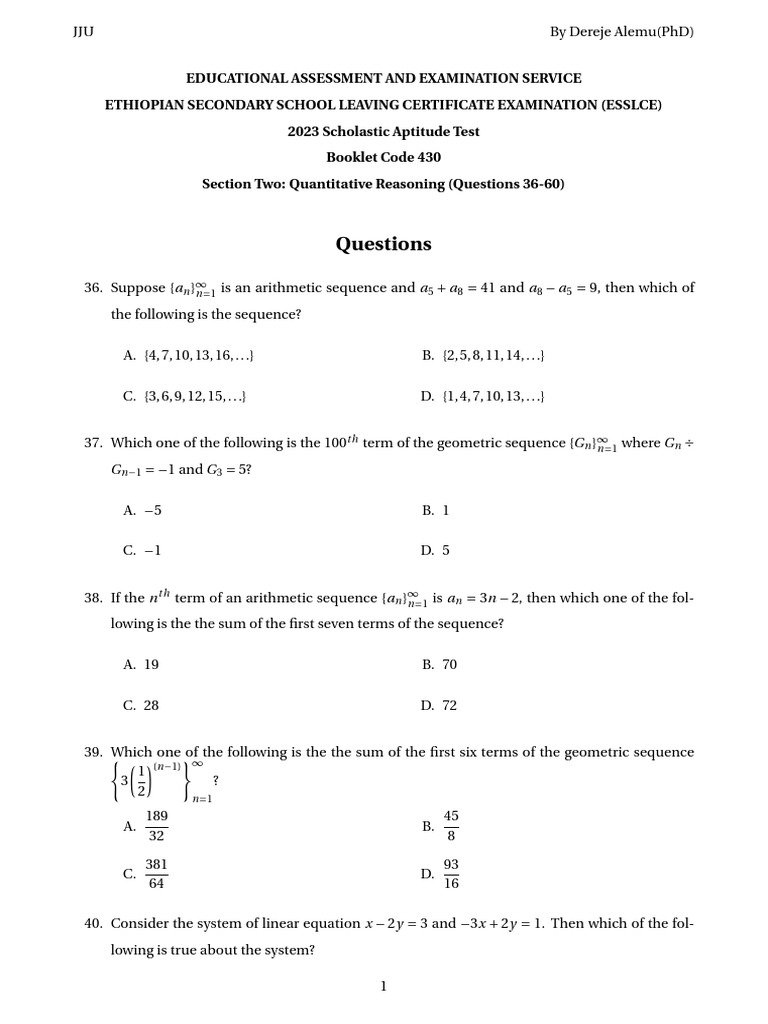 ESSLCE 2023 G.C Aptitude Test (Math Part) Q&A | PDF | Equations ...