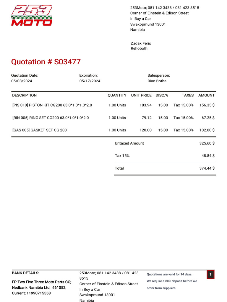 Auto Parts Quotation for CG200 | PDF