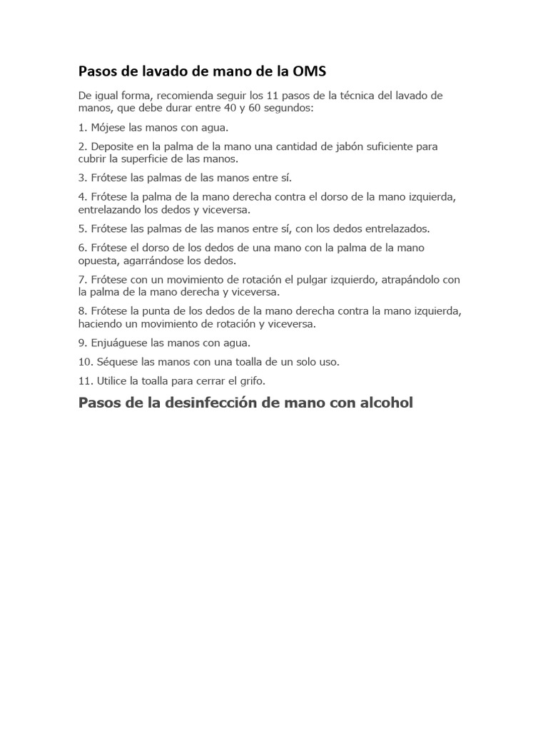 11 Pasos para el Lavado de Manos OMS | PDF | Cocina, comidas y vino ...