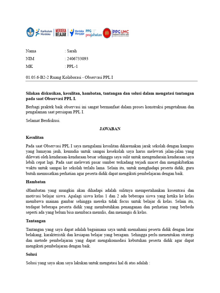 Tantangan dan Solusi Observasi PPL I | PDF | Pengembangan Diri ...