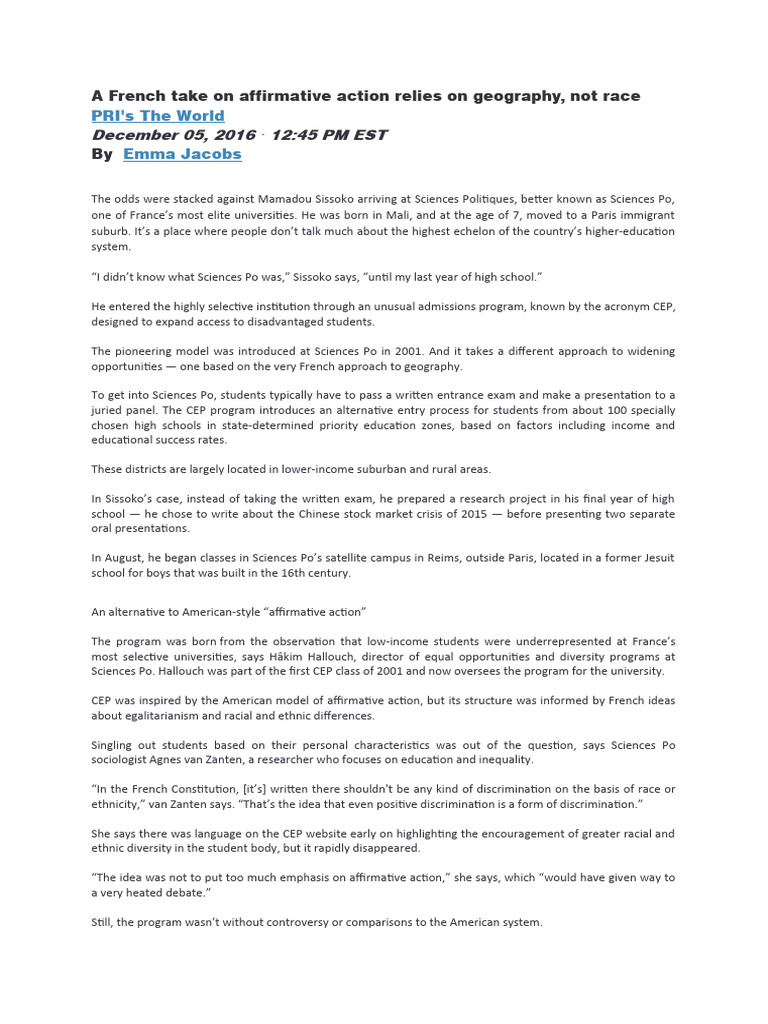 French Geographic Affirmative Action Model | PDF | Affirmative Action ...