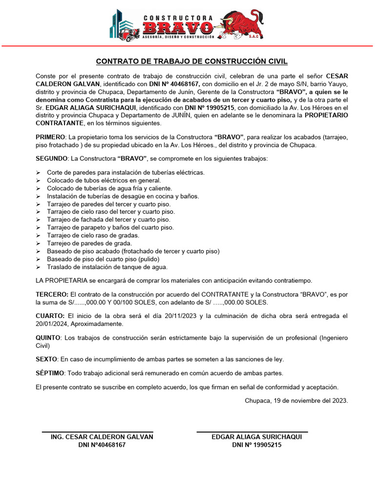 Contrato de Constructora Bravo Cesar | PDF