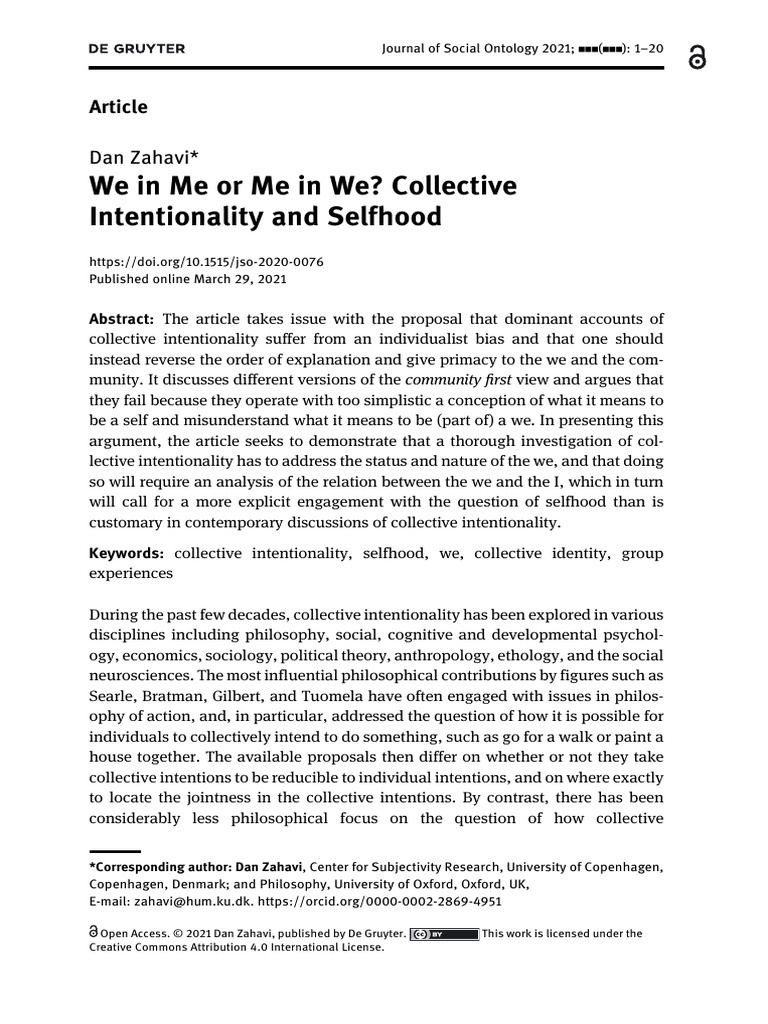Collective Intentionality and Selfhood | PDF | Experience | Consciousness