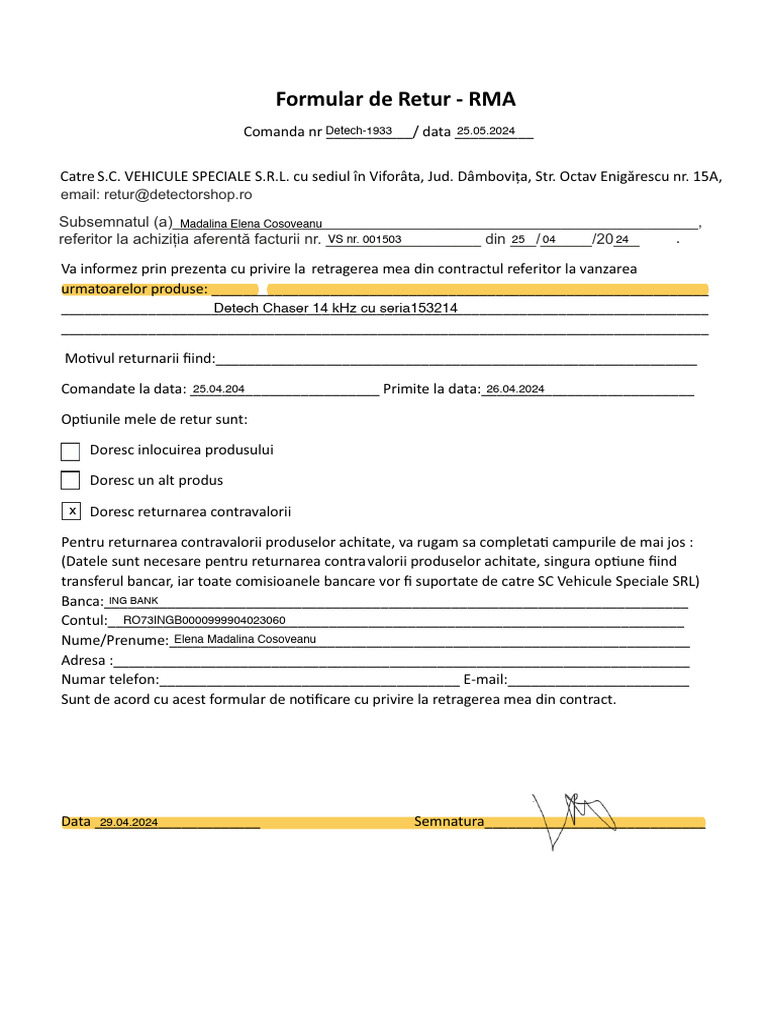Formular de Retur RMA | PDF