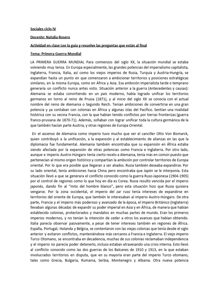 Causas Y Etapas De La Primera Guerra Mundial Pdf Imperio Alemán