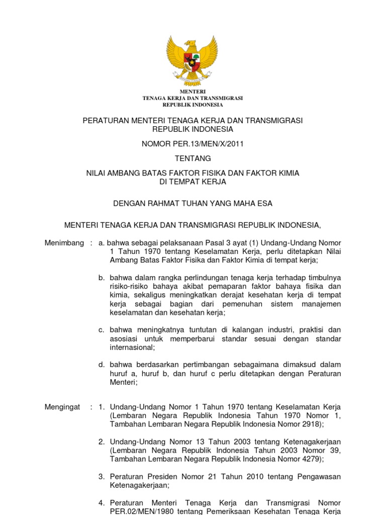 PER.13 MEN X 2011.NAB Faktor Fisika dan kimia di tempat kerja